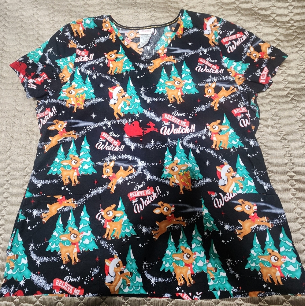 Rudolph the Red Nose Reindeer Scrub Top Sz XL